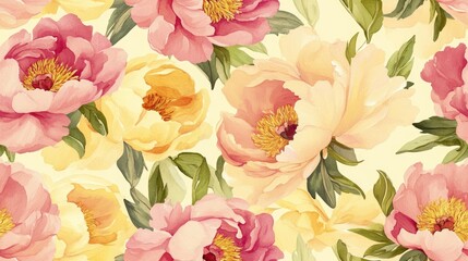 Retro seamless pattern featuring a watercolor bouquet of pink and yellow peonies suitable for backgrounds textiles wrapping papers and greeting cards