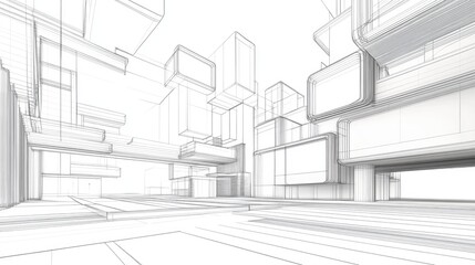 Abstract linear 3D architecture depicted in a detailed line art illustration