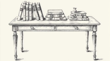 Line art illustration featuring a table adorned with books highlighting vintage furniture design in a classic drawing style