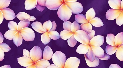 Beautiful seamless raster pattern for decoration and design Elegant vintage style pattern featuring plumeria flowers Trendy print with watercolor ditsy plumeria flowers set against a purple backgr