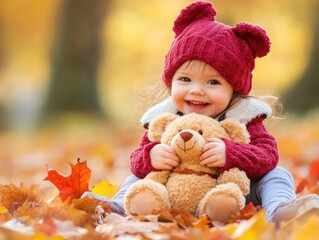 Poster - little child playing with autumn leaves