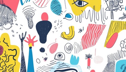 Poster - Line art illustration featuring hand drawn doodles Collection of freehand sketchy objects and abstract geometric shapes in a colored design