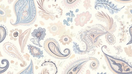 Traditional paisley artwork for digital textile prints featuring a seamless pattern in beautiful pastel and dusty color tones