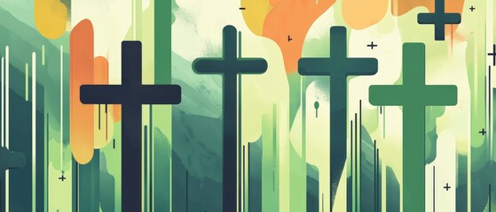 Wall Mural - Line art illustration featuring a background with crosses and green bands