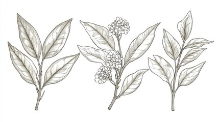 Line art illustration of herbal tea leaves featuring lemon myrtle s fragrant edible flowers and leaves suitable for coloring books in both fresh and dried forms