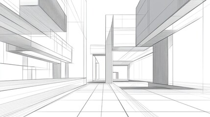 Wall Mural - Line art illustration featuring an abstract 3D architectural structure