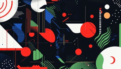 Poster - Abstract line art illustration featuring various elements in red green and blue tones against white and black backgrounds
