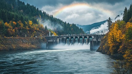 Sticker - Breathtaking Autumn Landscape with Rainbow over Hydroelectric Dam