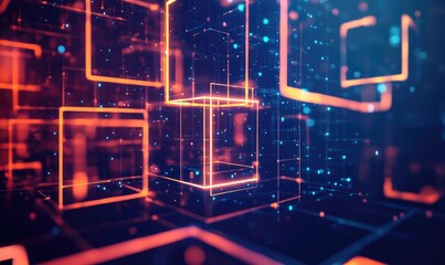 Poster - Line art illustration of geometric squares in a luminous 3D space creating an abstract backdrop