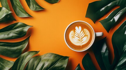 Poster - Top view of a cup of coffee with latte art and green leaves on orange background.