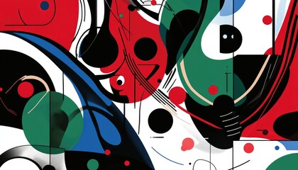 Poster - Abstract line art illustration featuring various elements in red green and blue tones against white and black backgrounds