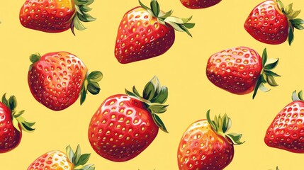 Wall Mural - Seamless pattern featuring painted red strawberries with yellow seeds suitable for textures backgrounds and packaging