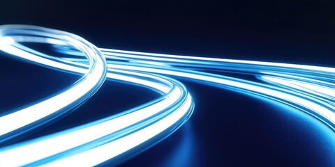 Line art illustration featuring a white and blue neon laser light winding on a dark backdrop