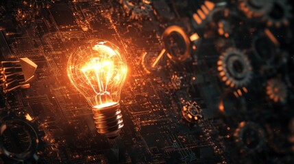 Poster - A glowing light bulb sits on a circuit board surrounded by cogs, representing innovation and technology.