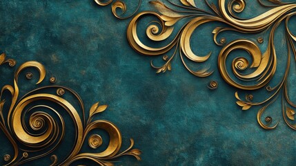 Wall Mural - elegant golden swirls on textured teal background