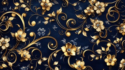 Wall Mural - elegant gold floral pattern on deep blue background