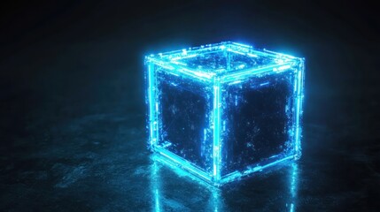 Wall Mural - A glowing blue cube with a reflective surface,  set against a dark background.