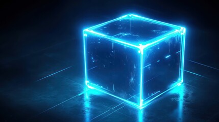 Poster - a glowing blue cube with a reflective surface, set against a dark background.