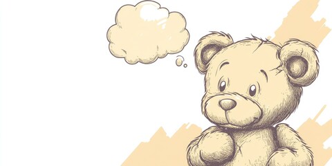 Line art illustration of a cartoon teddy bear with a damaged arm accompanied by a thought bubble