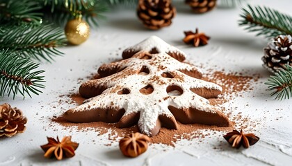 Wall Mural - Festive holiday tree shape dusted with cocoa powder on a textured white surface, creating an earthy and seasonal atmosphere