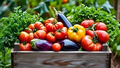 Wall Mural - Harvest Bounty: Rustic Box Overflowing with Colorful Vegetables and Fresh Herbs Emphasizing Farm-to-Table Essence