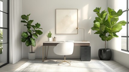 Wall Mural - Modern home office with white desk, white chair, large windows, plants, and a rug.