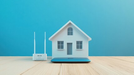 A white model home with a router and laptop in front of it on a wood table, blue background.