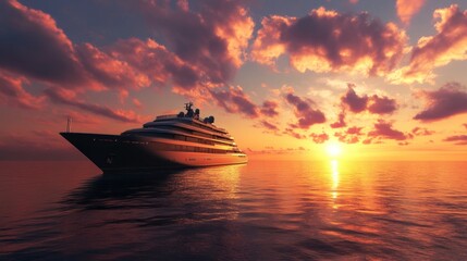 Wall Mural - A luxury yacht sails on the ocean at sunset with a fiery sky.