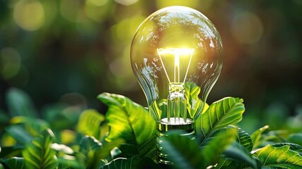 Poster - A light bulb shines brightly amidst lush green leaves, capturing sunlight in a garden environment. The scene evokes a feeling of nature and innovation.