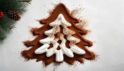 Wall Mural - Festive holiday tree shape dusted with cocoa powder on a textured white surface, creating an earthy and seasonal atmosphere