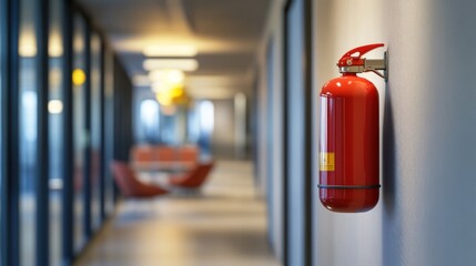 A red fire extinguisher mounted on a wall in a modern office hallway.