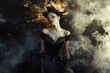 © Estebian Darger - Femme en robe noire entourée de fumée dorée et éclats lumineux