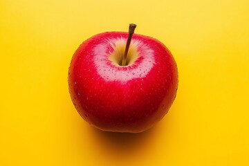 A red apple sits on a yellow background. The apple is shiny and wet, and it is the center of attention in the image