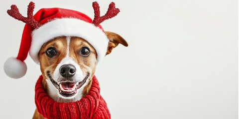 A dog wearing a red Santa hat and a red scarf. The dog is smiling and looking at the camera