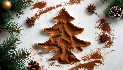 Wall Mural - Festive holiday tree shape dusted with cocoa powder on a textured white surface, creating an earthy and seasonal atmosphere