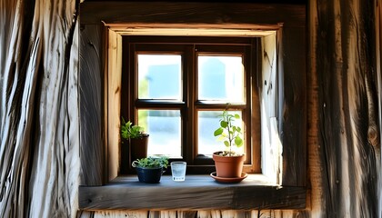 Poster - Sunlit rustic window with wooden sill showcasing glass and a small potted plant