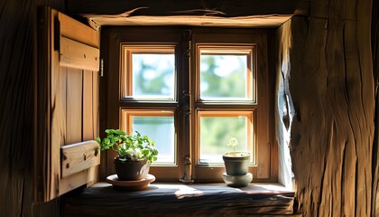 Wall Mural - Sunlit rustic window with wooden sill showcasing glass and a small potted plant