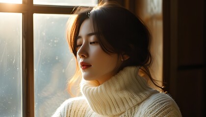 Serene moment of a woman in a soft white turtleneck sweater, basking in warm sunlight by the window, creating a cozy and tranquil atmosphere.