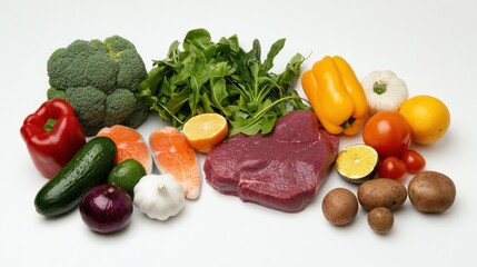 A variety of fresh vegetables, fruit, meat and fish on a white background.