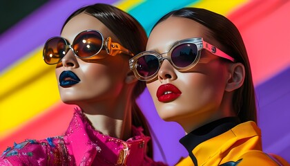 Canvas Print - Futuristic fashion statement with bold makeup and oversized sunglasses against a vibrant multi-colored backdrop