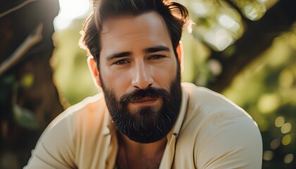 Wall Mural - Bearded man in an open cream shirt enjoying a serene, sunlit moment in a relaxed outdoor setting