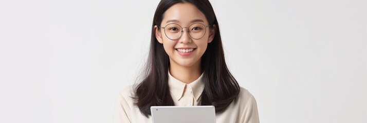 Wall Mural - A woman wearing glasses is smiling and holding a tablet. Concept of happiness and positivity, as the woman is enjoying her time with the tablet