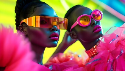 Wall Mural - Futuristic fashion statement with bold makeup and oversized sunglasses against a vibrant multi-colored backdrop