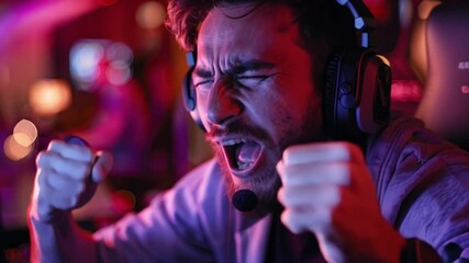 Aufkleber - A gamer expresses intense excitement after winning a match, his fist clenched and mouth open in joy. The vibrant lights of the esports arena create an energetic atmosphere.