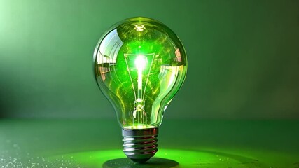 Poster - A vibrant green bulb stands on a surface, radiating light with a lush ambiance. The surroundings enhance the eco-friendly theme, suggesting innovation in lighting.