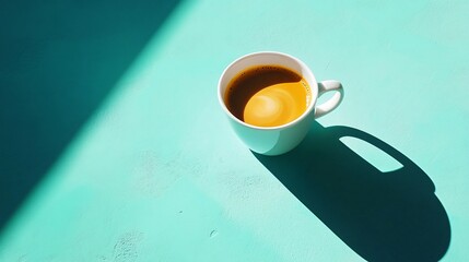 Sticker - White cup of coffee on a turquoise surface with a shadow.