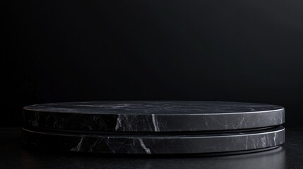 Wall Mural - Black marble podium on a black background.