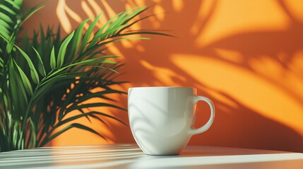 Wall Mural - White mug on a table with palm leaves and a orange background.