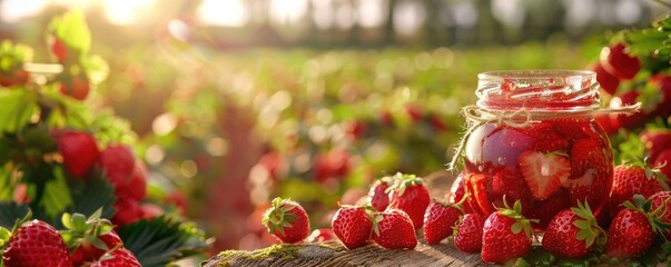 A clear glass jar of strawberry jam sits amid fresh strawberries on a wooden board with a sunny backdrop