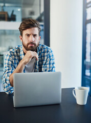 Aufkleber - Creative man, portrait and thinking with laptop for networking, communication or message in office. Designer, planning and idea on computer with social media and connection for email startup